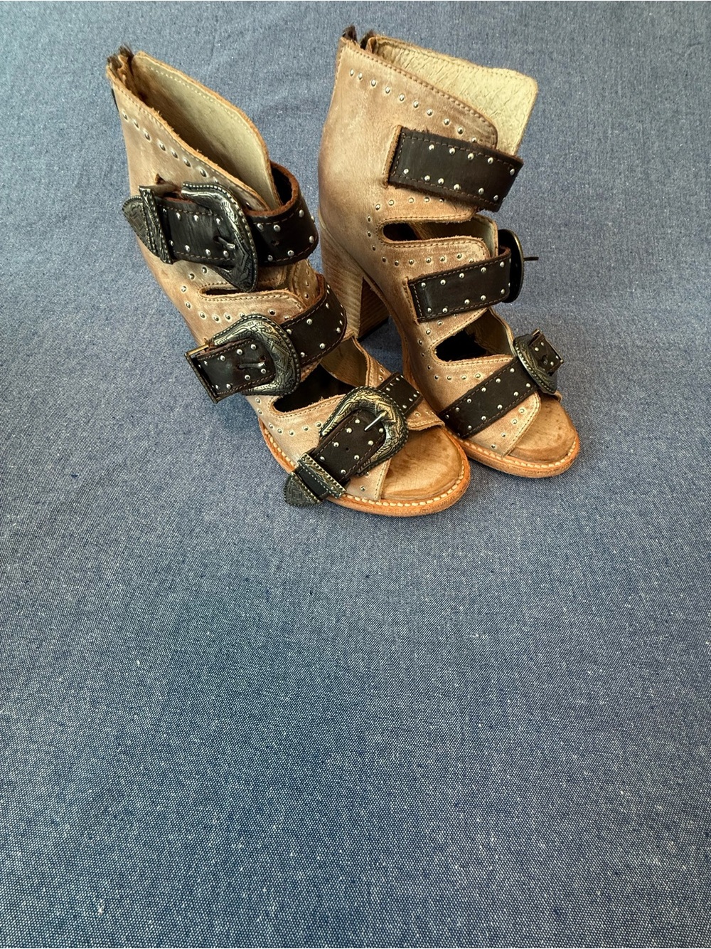 Freebird by Steven Tan and Black Buckle Studded Peep-Toe Heels